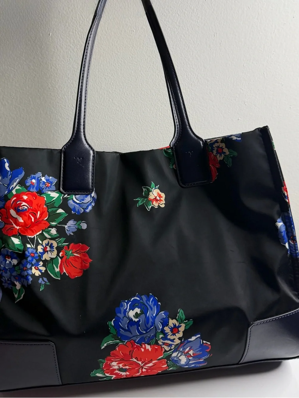 Tory Burch Black Tote with Red & Blue Floral Print